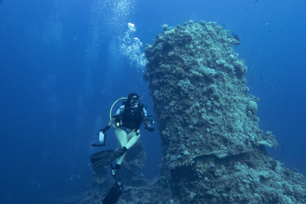在沙特阿拉伯延布沉船上的水肺潜水员图片下载