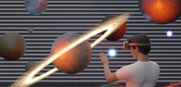 虚拟现实眼镜用户通过AR眼镜学习科学，在研究恒星和宇宙的虚拟世界中模拟三维插画图片下载