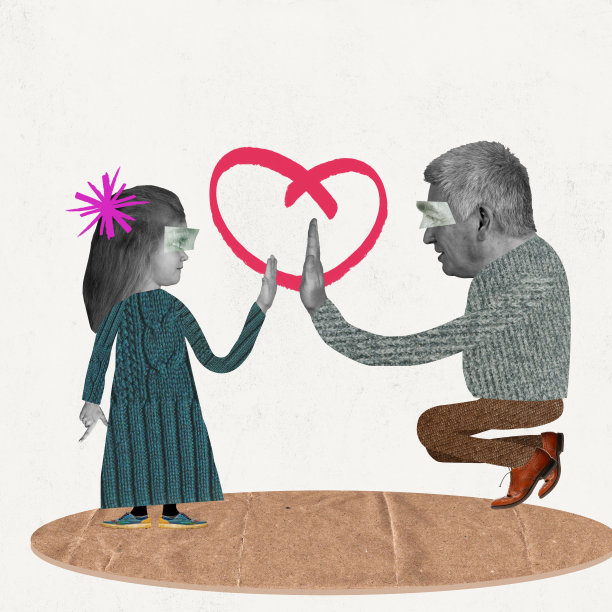 当代艺术拼贴与男子，父亲给对方五小女孩，女儿附近的大心脏图片在白色的背景。父亲的爱图片下载
