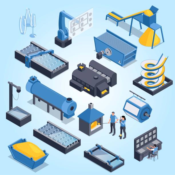 玻璃生产等距色集设备精砂清洗过滤清洗真空提升隔离三维矢量图图片下载