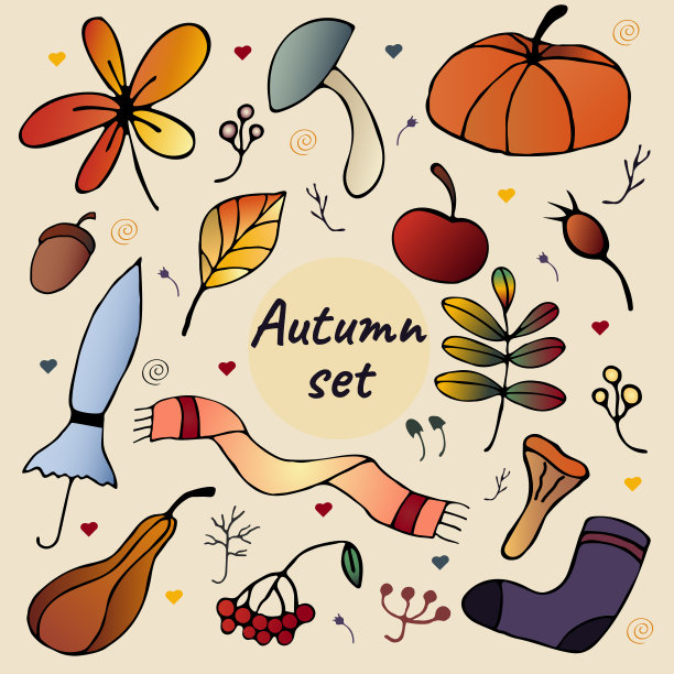 秋天的设置。论。图片。插图。涂鸦画。图片下载