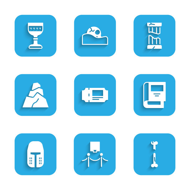 套装博物馆门票、图片及绳障、人断骨、历史书、中世纪铁头盔、岩石、断古柱、高脚杯图标。向量图片下载