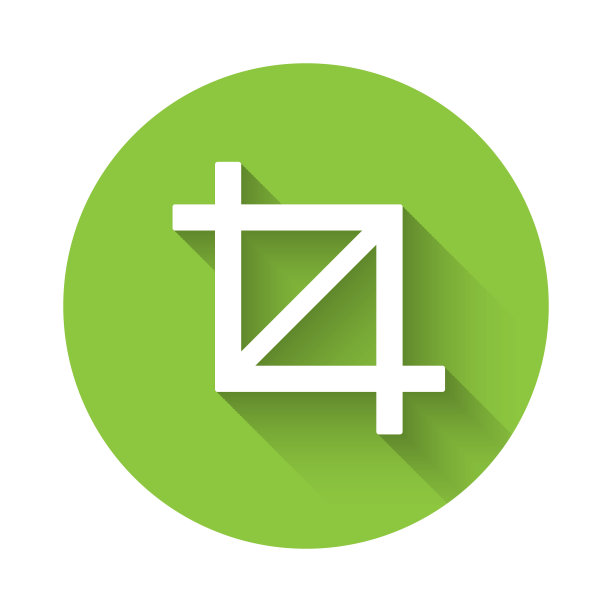 白色图片裁剪照片图标隔离与长阴影。绿色圆形按钮。向量图片下载