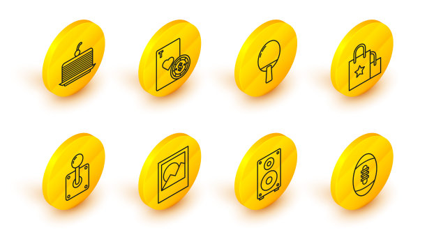 集线美式足球，立体声扬声器，相框，游戏机操纵杆，纸购物袋，球拍打乒乓球，赌场芯片和卡片和蛋糕图标。向量图片下载