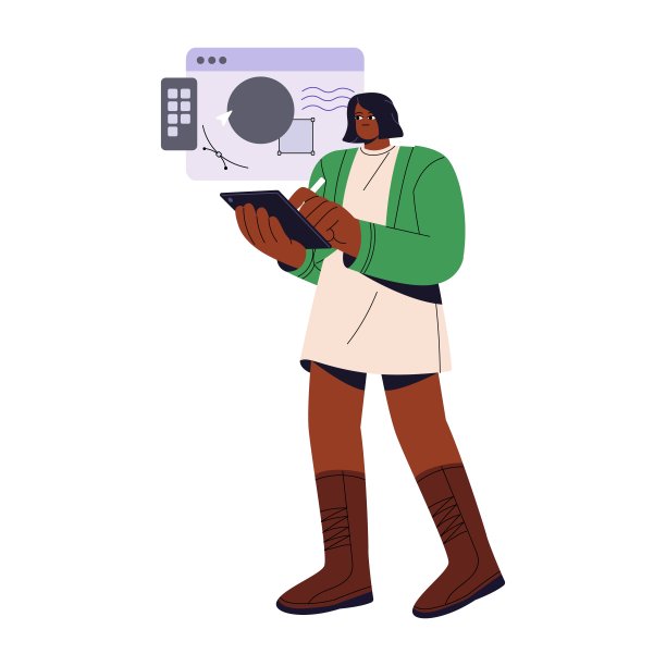 插图画家画在平板电脑上。自由设计师绘制图片。艺术工作者创造艺术品。站着的女人，图形编辑专业的学生。平面隔离矢量插图上的白色背景图片下载