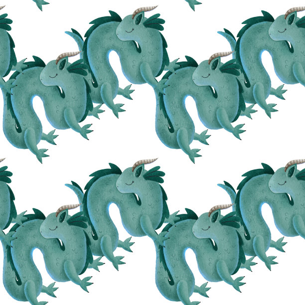 亚洲绿色和蓝色的龙，手绘插图。神话动物无缝图案新年设计。传统的中国2024符号。图片下载