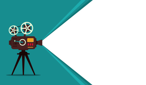 电影院背景的复古电影放映机。电影节摄影海报设计。带有胶片卷轴和聚光灯的老式相机。矢量图图片下载