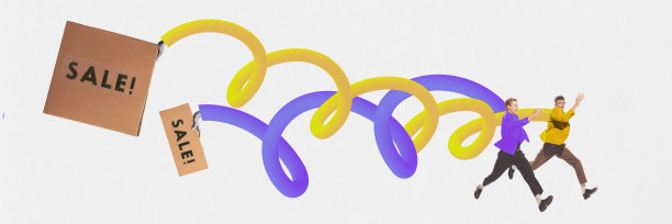 当代艺术拼贴。两个年轻人，朋友，在销售季节跑去买更便宜的东西图片下载