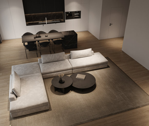 现代灰色极简主义室内客厅，配有大型灰色模块化沙发，全景背景夜光视图和深色大理石厨房岛。3 d渲染。高质量3d插图图片下载