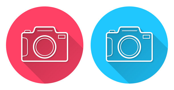 照片相机。圆形图标与长阴影在红色或蓝色的背景图片下载