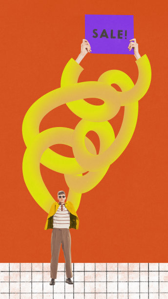 当代艺术拼贴。年轻人拿着桌子，橙色背景上写着销售词。降价图片下载