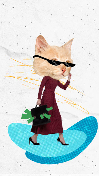 当代艺术拼贴。长着猫嘴的成功女商人提着装满钱的包去上班图片下载