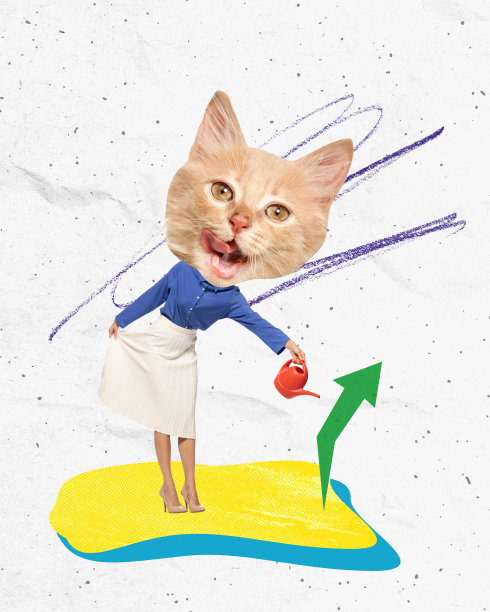当代艺术拼贴。办公室经理，带着猫嘴倒水的女人，公司的财务越来越成功图片下载