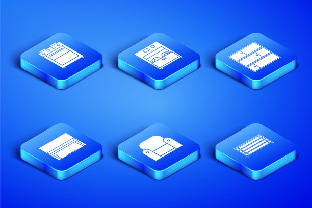 设置抽屉柜，烤箱，扶手椅，三角钢琴，厨房洗碗机和货架图标。向量图片下载