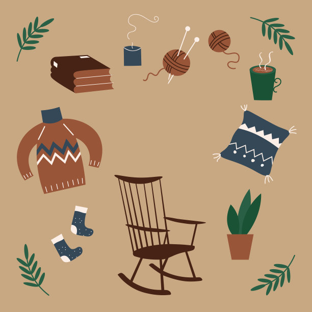 家一样的手绘矢量插图与扶手椅，蜡烛，植物，毛衣，袜子，热饮，针织。舒适的生活理念，Hygge住宅，斯堪的纳维亚图案，爱好放松和谐的生活方式图片下载