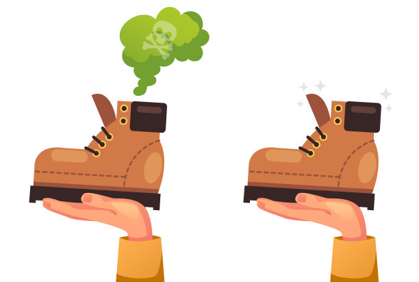 鞋靴清洁和脏臭汗概念。矢量平面图形设计插图图片下载