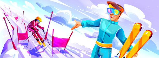 卡通风格的滑雪和度假概念。一对年轻的滑雪者夫妇，一男一女带着滑雪板在冬季滑雪场的背景下。图片下载