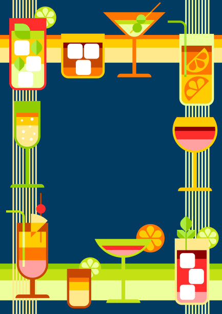 框架与各种鸡尾酒。含酒精饮料和玻璃杯。图片下载