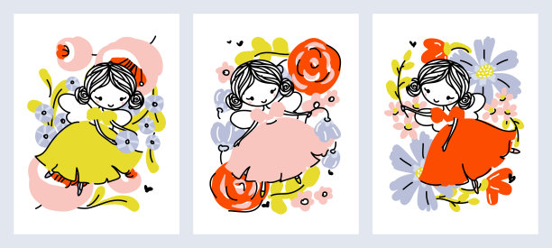 可爱的森林仙女，穿着漂亮的衣服，在鲜花和树叶的包围下飞翔。手绘卡通小女孩的翅膀。矢量设计的孩子穿或婴儿淋浴邀请卡。可编辑的中风图片下载