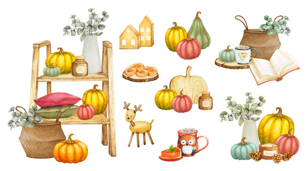 一套水彩作品与家庭装饰，南瓜，桉树，甜糕点。温馨的家，温暖的秋，感恩节。斯堪的纳维亚设计的卡片，邀请，海报，广告，公告。图片下载
