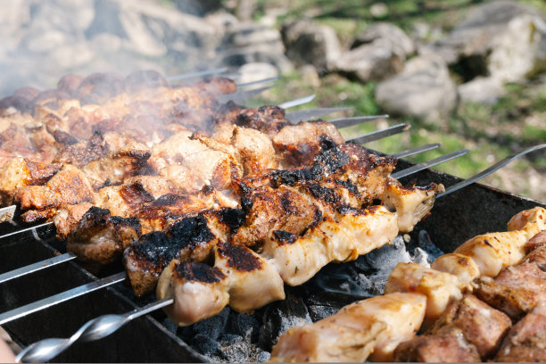 把肉串在烤肉串上。烧烤肉。户外野餐。高质量的照片。图片下载