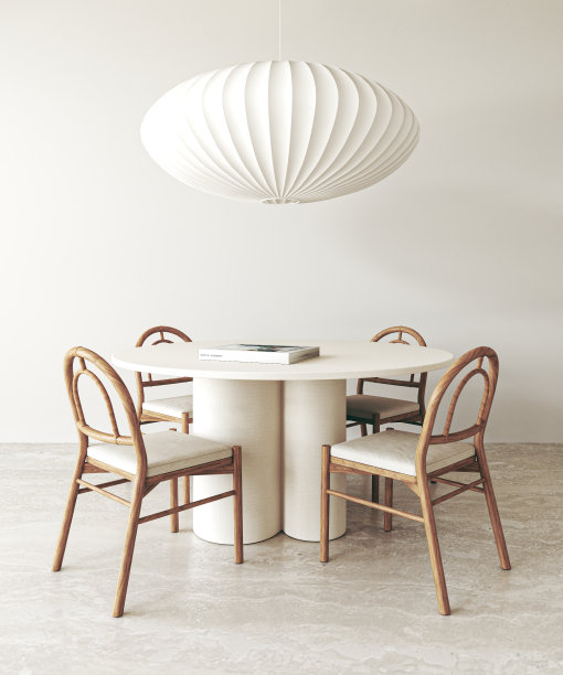 木质米色餐厅内部与餐桌，书和椅子的背景。天然浅棕色石材地板。3 d渲染。高质量3d插图图片下载