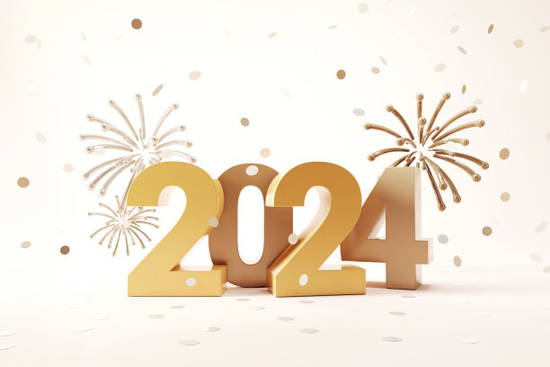 金色2024 3d文本新年与烟花和落在黄色背景上闪亮的五彩纸屑。图片下载