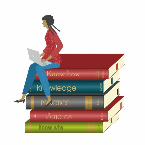 拿着笔记本电脑坐在一堆书上的女人。孤立。矢量插图。图片下载