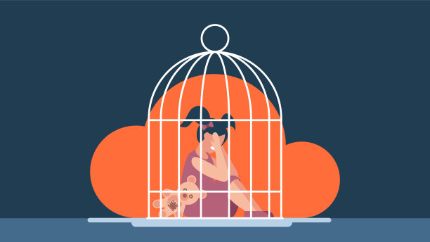 小女孩被锁在铁笼子里。一个悲伤的女孩被关在笼子里。限制儿童的权利。限制了孩子。儿童家庭暴力的概念。平的插图图片下载
