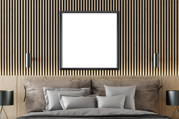 豪华现代复古风格的主卧室与空白图像框架图片下载