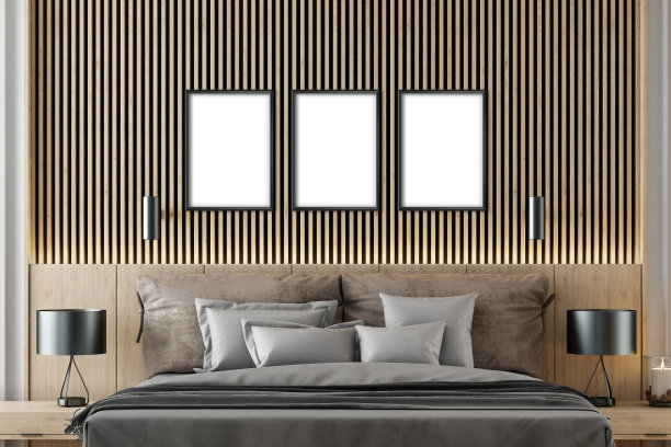 豪华现代复古风格的主卧室与空白图像框架图片下载