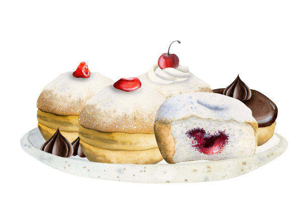 水彩甜甜圈糖粉果酱巧克力插画图片下载