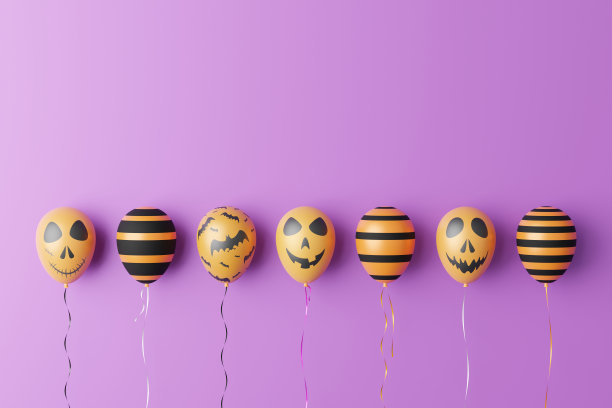 3D插图节日万圣节的概念，橙色和黑色的鬼气球在紫色的背景，复制空间3D渲染贺卡图片下载