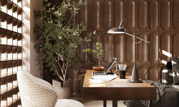 豪华家庭办公室室内与木镶板窗和木桌。3D渲染。图片下载