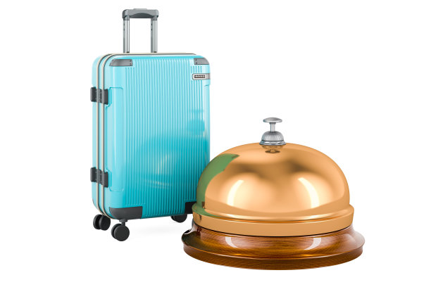 带接待铃的手提箱。预订服务和旅游概念，3D渲染图片下载