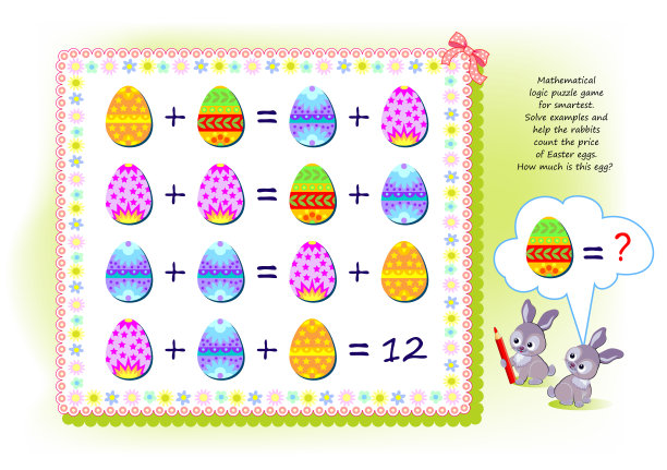 最聪明的数学逻辑益智游戏。解决例子，帮助兔子数复活节彩蛋的价格。这个鸡蛋多少钱?脑筋急转弯书。老年人记忆训练练习。图片下载