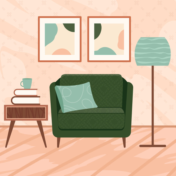 时尚的公寓内饰斯堪的纳维亚风格与现代装饰。舒适的客厅。卡通平面矢量插图。明亮，时尚，舒适的家具与室内植物。图片下载