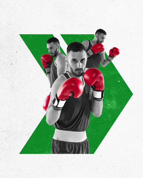 年轻的运动员，职业拳击手在手套训练抽象的背景。的力量。当代艺术拼贴。图片下载