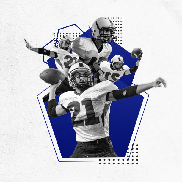 有竞争力的年轻人在制服，职业橄榄球，美国足球运动员抽象的背景。当代艺术拼贴。图片下载