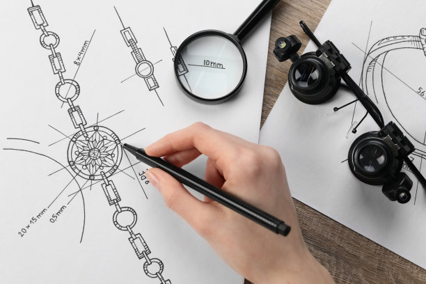 珠宝商在木桌上的纸上绘制优雅手镯的草图，俯视图图片下载