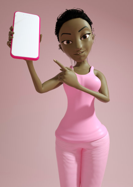 可爱的年轻黑人女士3D卡通人物手持和展示智能手机与空白屏幕隔离在粉红色的背景。3 d渲染。图片下载