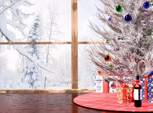 圣诞树上有白色的树枝和圣诞礼物，旁边的窗户可以看到雪景，有复制空间。图片下载