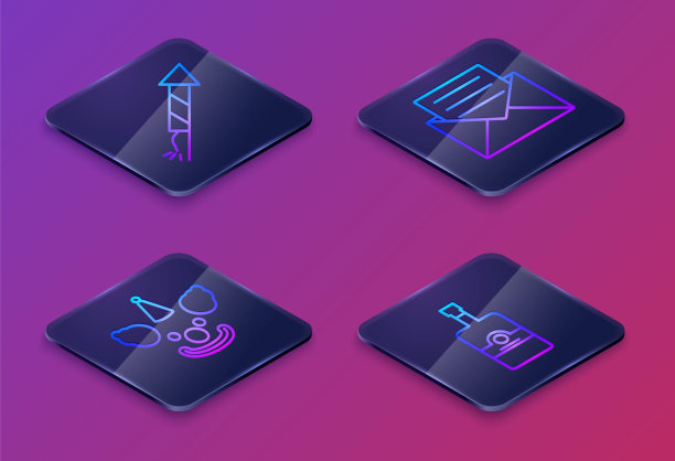 设定等距线烟花火箭，小丑头，信封邀请卡和威士忌酒瓶。蓝色方形按钮。向量图片下载