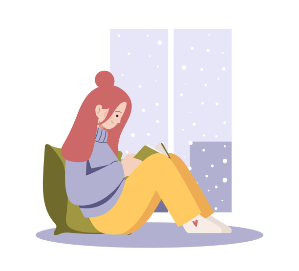 女孩在家学习。女人在窗边看书，冬天美学。图片下载
