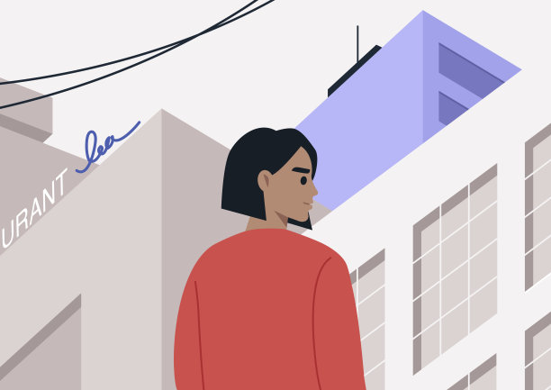 一个年轻的角色独自漫步在熙熙攘攘的市中心，被摩天大楼包围，霓虹灯照亮图片下载