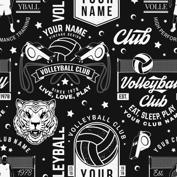 排球运动俱乐部一套无缝图案。矢量插图。概念运动模式背景或壁纸与排球，球员，网和裁判哨子轮廓。图片下载