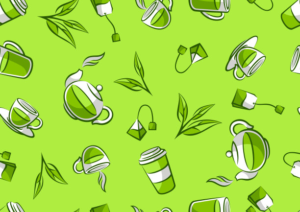 图案与绿茶项目。背景与茶和配件，包和水壶。图片下载