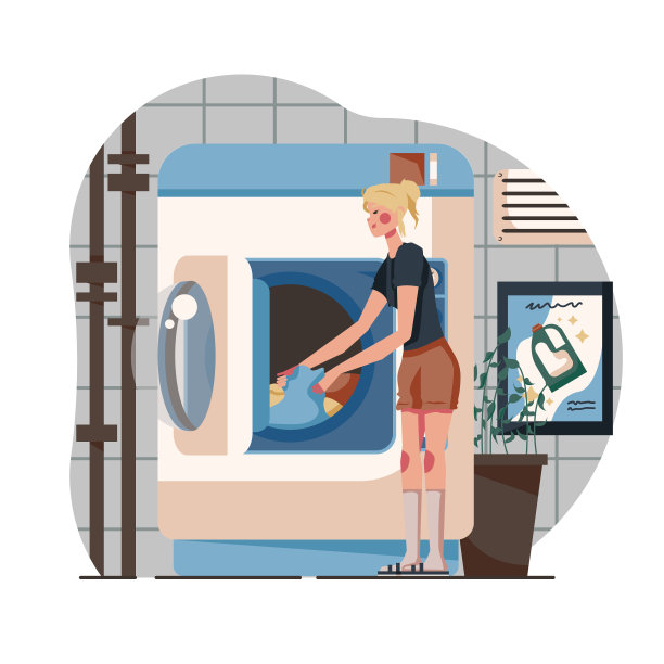 一位女士站在烘干机旁，拿起洗好的衣服。公共洗衣房的洗涤过程图片下载
