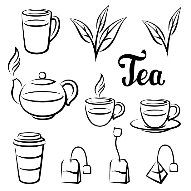 红茶或绿茶物品套装。插图与茶和配件，包和水壶。图片下载