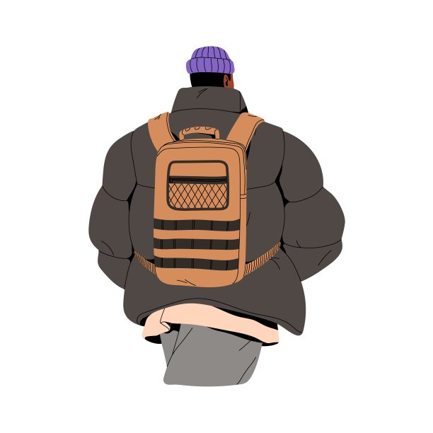 背着背包的游客走在后面。人们穿着超大号的城市服装。年轻的黑人，戴着鲜艳的帽子，带着小便帽和包。现代冬季装扮。平面隔离矢量插图上的白色背景图片下载